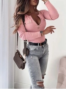 Fashion Knitted Slim Fit Long Sleeve Zipper Top
