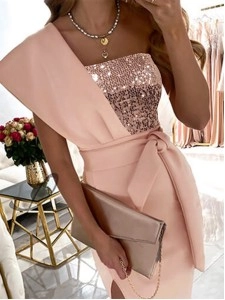 Fashion Patchwork Sequins One Shoulder Pencil Skirt Dresses