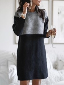 Fashion Patchwork Solid Patchwork O Neck Long Sleeve Dresses