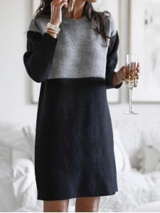 Fashion Patchwork Solid Patchwork O Neck Long Sleeve Dresses