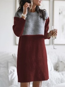 Fashion Patchwork Solid Patchwork O Neck Long Sleeve Dresses