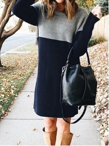 Fashion Patchwork Solid Patchwork O Neck Long Sleeve Dresses