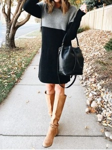 Fashion Patchwork Solid Patchwork O Neck Long Sleeve Dresses