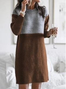 Fashion Patchwork Solid Patchwork O Neck Long Sleeve Dresses