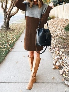 Fashion Patchwork Solid Patchwork O Neck Long Sleeve Dresses
