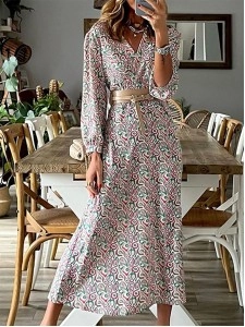 Fashion Print Patchwork V Neck Waist Skirt Dresses