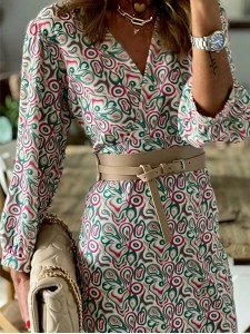 Fashion Print Patchwork V Neck Waist Skirt Dresses