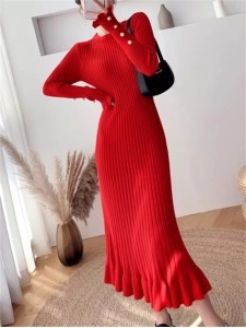 Fashion Sexy Elegant Knit Sweater Dress Slim Flared Midi Dress