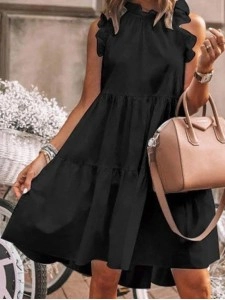 Fashion Sweet Solid Patchwork Flounce O Neck A Line Dresses