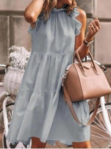 Fashion Sweet Solid Patchwork Flounce O Neck A Line Dresses