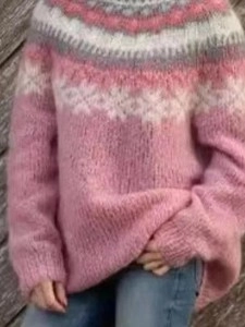 Fashionable Color Matching Jacquard High Neck Loose Knit Sweater