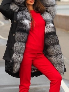 Fashionable fur collar patchwork coat