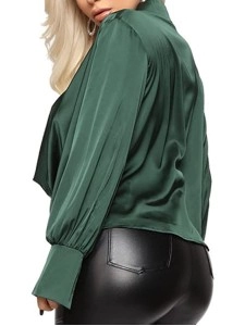 Fashionable temperament long sleeved deep V-neck satin top