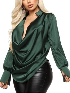 Fashionable temperament long sleeved deep V-neck satin top