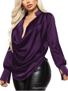 Fashionable temperament long sleeved deep V-neck satin top
