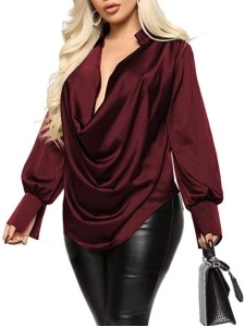 Fashionable temperament long sleeved deep V-neck satin top