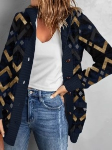 Fleece vintage geometric print hooded sweater cardigan