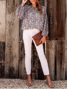 FLORAL BUTTON ROUND NECK SHEATH  CASUAL  SHIRTS