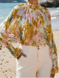 FLORAL DECORATION STAND NECK SHIFT ELEGANT  BLOUSE
