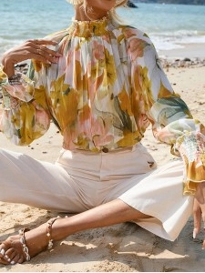 FLORAL DECORATION STAND NECK SHIFT ELEGANT  BLOUSE