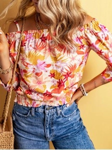FLORAL KNOT PLEATED SHIRRED OFF THE SHOULDER SHEATH CASUAL BLOUSE