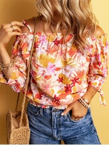 FLORAL KNOT PLEATED SHIRRED OFF THE SHOULDER SHEATH CASUAL BLOUSE