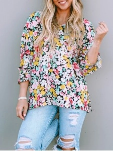 FLORAL NOTCHED V-NECK PUFF SLEEVE BLOUSE