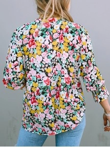 FLORAL NOTCHED V-NECK PUFF SLEEVE BLOUSE