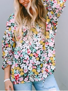FLORAL NOTCHED V-NECK PUFF SLEEVE BLOUSE