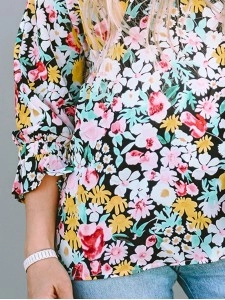 FLORAL NOTCHED V-NECK PUFF SLEEVE BLOUSE