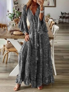 Floral Patchwork V Neck A Line Dresses
