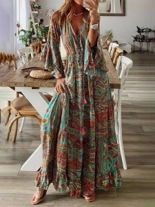 Floral Patchwork V Neck A Line Dresses