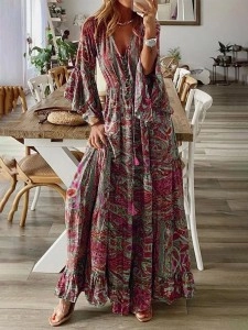 Floral Patchwork V Neck A Line Dresses