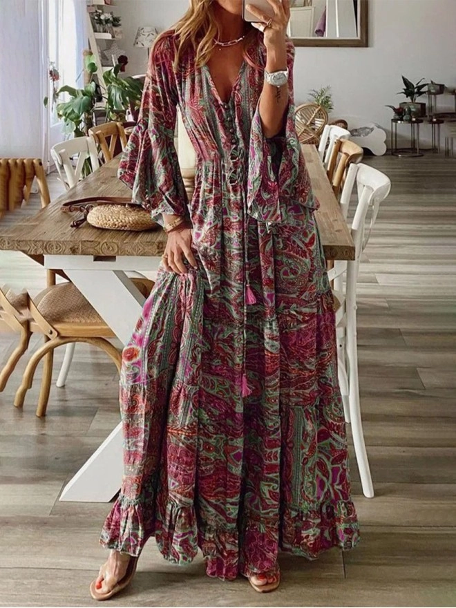 Floral Patchwork V Neck A Line Dresses