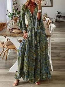 Floral Patchwork V Neck A Line Dresses