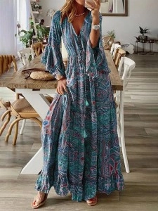 Floral Patchwork V Neck A Line Dresses