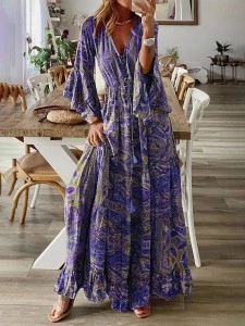 Floral Patchwork V Neck A Line Dresses
