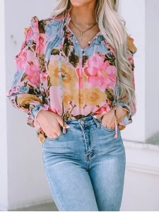 FLORAL PLEATED V NECK SHIFT CASUAL ELEGANT BLOUSE