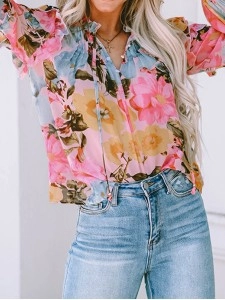 FLORAL PLEATED V NECK SHIFT CASUAL ELEGANT BLOUSE
