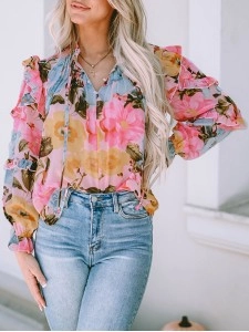 FLORAL PLEATED V NECK SHIFT CASUAL ELEGANT BLOUSE