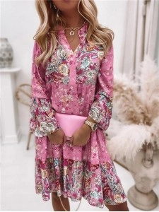 Floral Ruffle Smocked Print V Neck Casual Flare Cuff Sleeve Mini Dress