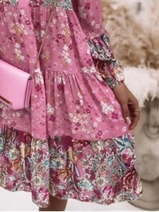 Floral Ruffle Smocked Print V Neck Casual Flare Cuff Sleeve Mini Dress