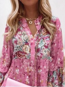 Floral Ruffle Smocked Print V Neck Casual Flare Cuff Sleeve Mini Dress