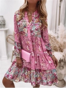 Floral Ruffle Smocked Print V Neck Casual Flare Cuff Sleeve Mini Dress