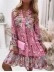 Floral Ruffle Smocked Print V Neck Casual Flare Cuff Sleeve Mini Dress