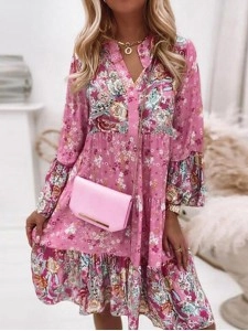 Floral Ruffle Smocked Print V Neck Casual Flare Cuff Sleeve Mini Dress