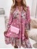 Floral Ruffle Smocked Print V Neck Casual Flare Cuff Sleeve Mini Dress