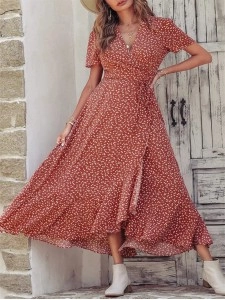 Floral V Neck Short Sleeve Long Dresses