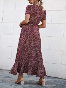Floral V Neck Short Sleeve Long Dresses