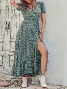 Floral V Neck Short Sleeve Long Dresses